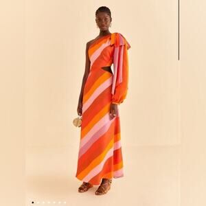 Farm Rio Party Stripes Multicolor One Shoulder Maxi Dress